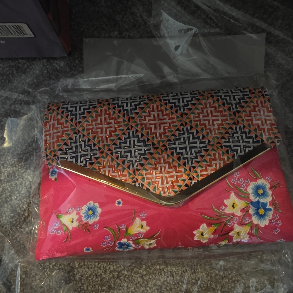 Geometric Floral Clutch - Pink and Multicolor